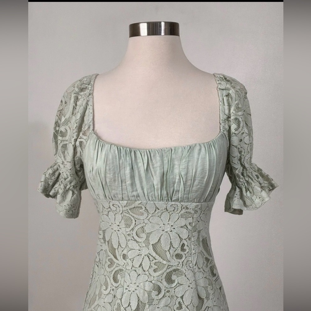 Angel Biba Sage Lace Corset Milkmaid Mini Dress Puff Sleeve Coquette Cottagecore - Picture 5 of 8